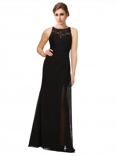 Noir Fourreau Col Haut Mousseline Dentelle Longue Robes demoiselle d'honneur à Bas Prix