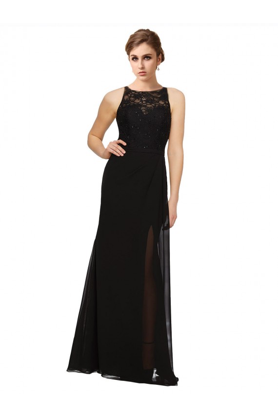 Noir Fourreau Col Haut Mousseline Dentelle Longue Robes demoiselle d'honneur à Bas Prix