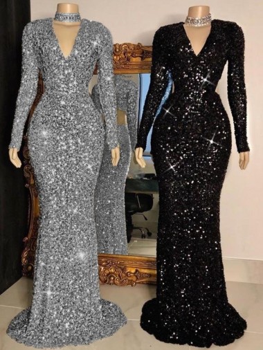Noir Fourreau Col V Balayage train Paillettes Velours Longue Robes de bal à Bas Prix