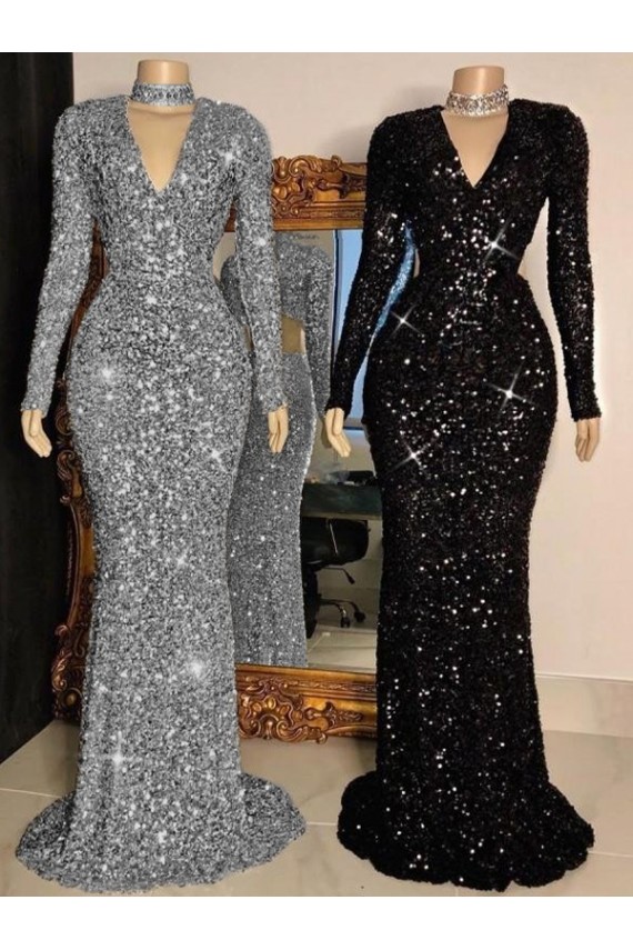 Noir Fourreau Col V Balayage train Paillettes Velours Longue Robes de bal à Bas Prix