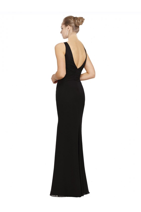 Noir Fourreau Col V Mousseline Longue Robes demoiselle d'honneur à Bas Prix