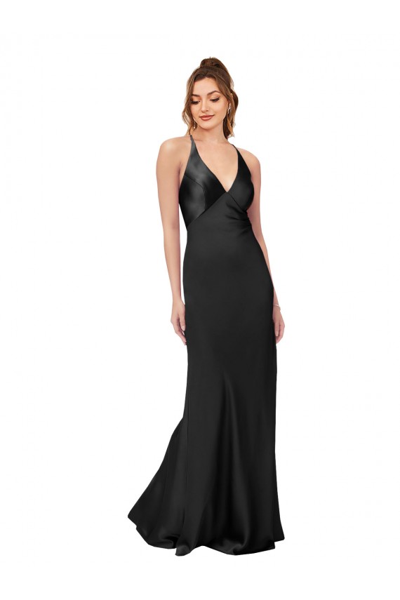 Noir Fourreau Col V Satiné Soyeux Longue Formelles Robes demoiselle d'honneur / Robes de soirée / Robes de bal à Bas Prix