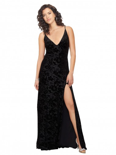 Noir Fourreau Col V Velours Floral Velours Stretch Longue Robes demoiselle d'honneur à Bas Prix