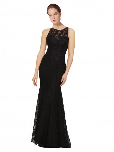 Noir Fourreau Col bijou Dentelle Longue Robes demoiselle d'honneur à Bas Prix