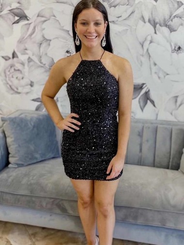 Noir Fourreau Licou Courte Paillettes Velours Courte Robes de bal à Bas Prix