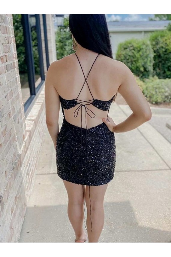 Noir Fourreau Licou Courte Paillettes Velours Courte Robes de bal à Bas Prix