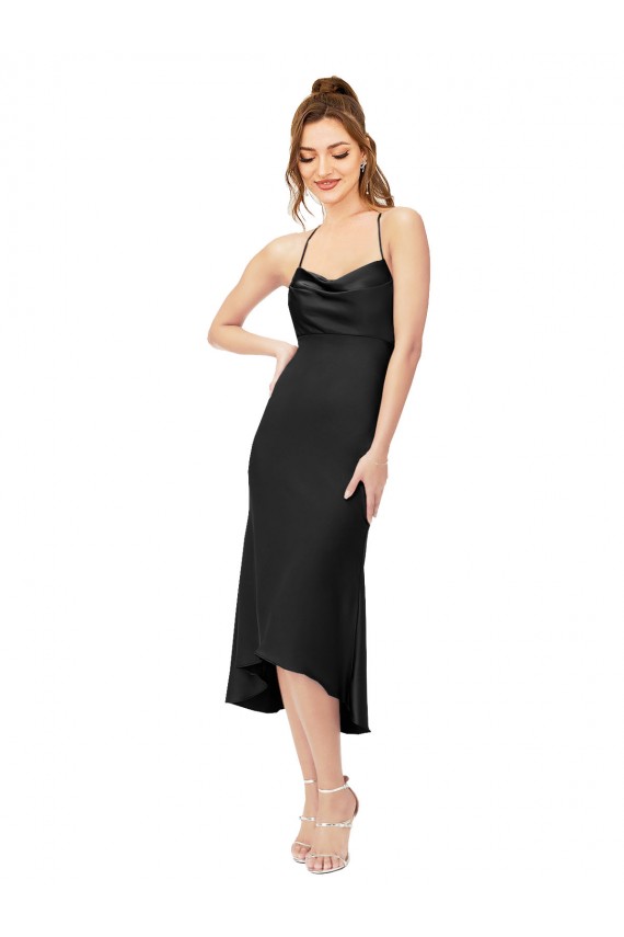 Noir Fourreau midi Satiné Soyeux Courte Asymétrique Robes demoiselle d'honneur / Robes de soirée / Robes de cocktail à Bas Prix