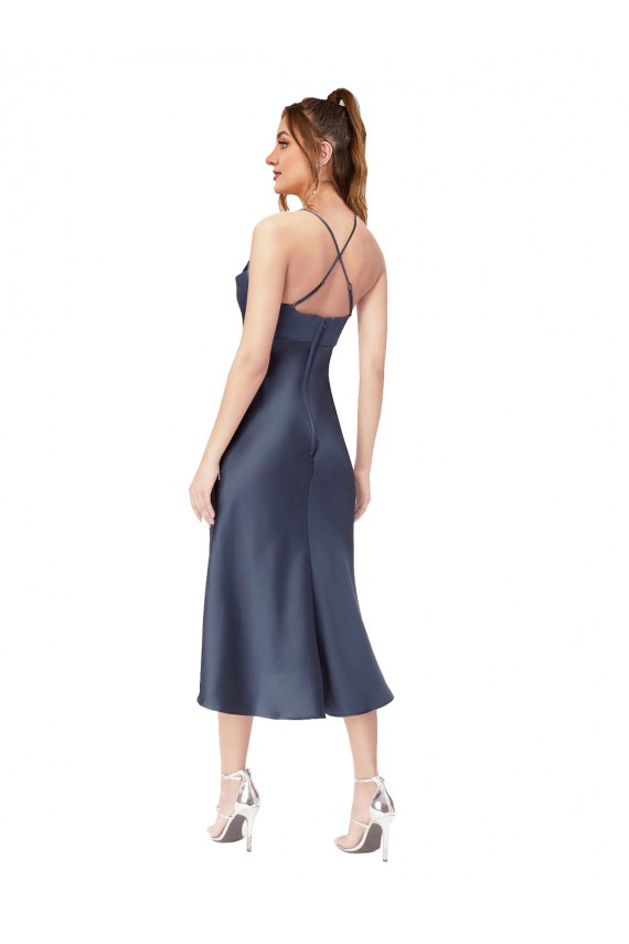 Noir Fourreau midi Satiné Soyeux Courte Asymétrique Robes demoiselle d'honneur / Robes de soirée / Robes de cocktail à Bas Prix