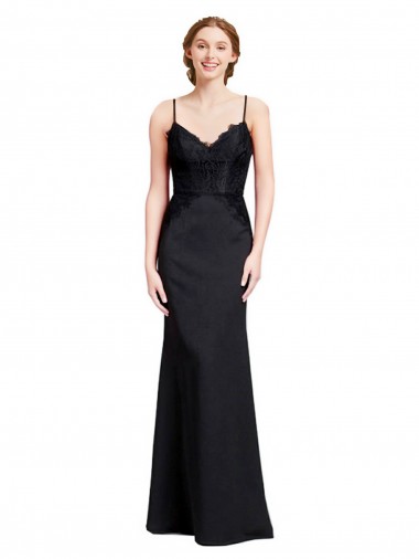 Noir Sirène Bretelles spaghetti Col V Crêpe Stretch Longue Robes demoiselle d'honneur / Robes de bal à Bas Prix