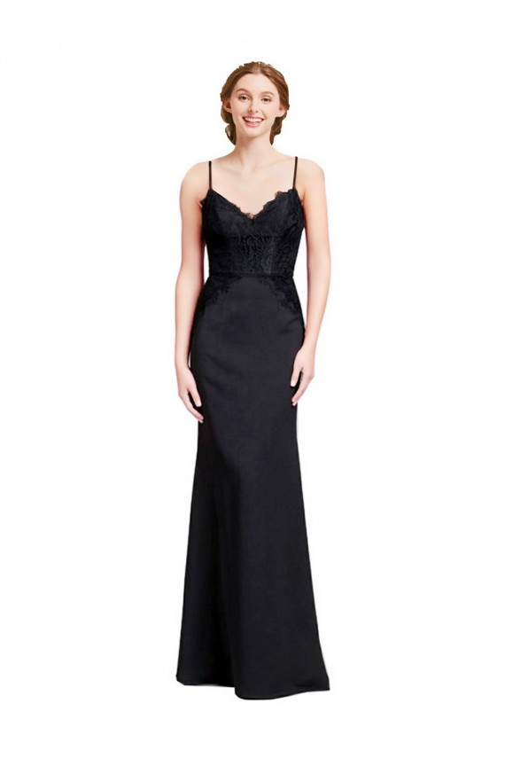 Noir Sirène Bretelles spaghetti Col V Crêpe Stretch Longue Robes demoiselle d'honneur / Robes de bal à Bas Prix