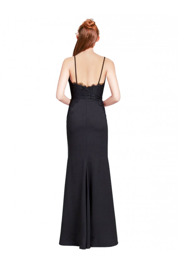 Noir Sirène Bretelles spaghetti Col V Crêpe Stretch Longue Robes demoiselle d'honneur / Robes de bal à Bas Prix