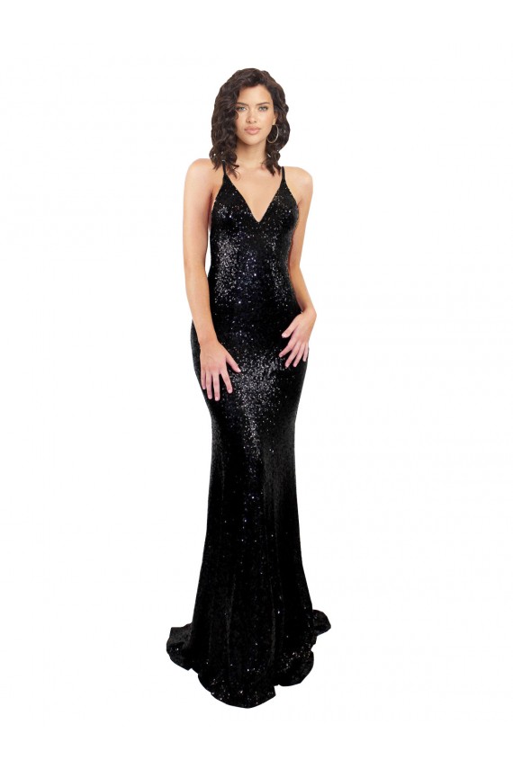 Noir Sirène Col V Paillette Longue Formelles Robes demoiselle d'honneur / Robes de soirée / Robes de bal à Bas Prix