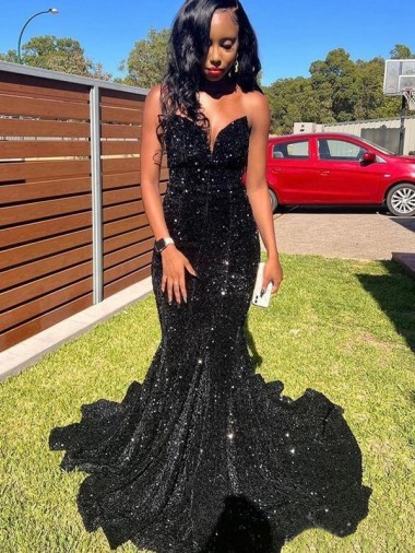 Noir Sirène Paillettes Velours Longue Robes de bal à Bas Prix
