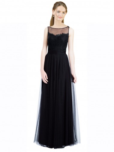 Noir Trapèze Bateau Illusion Tulle Dentelle Longue Robes demoiselle d'honneur à Bas Prix