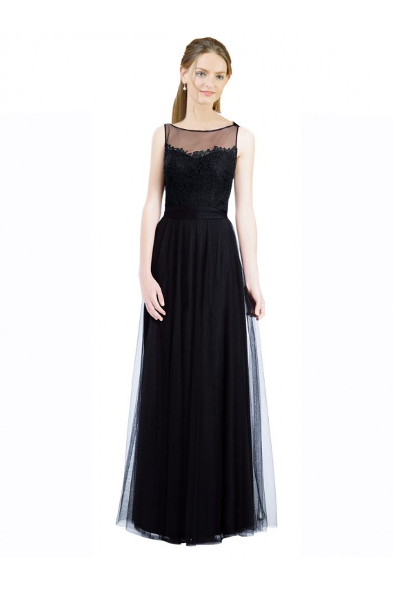 Noir Trapèze Bateau Illusion Tulle Dentelle Longue Robes demoiselle d'honneur à Bas Prix