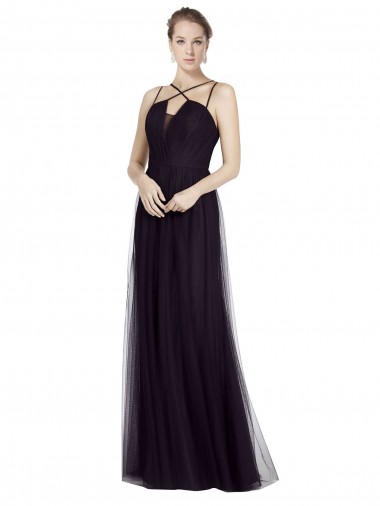 Noir Trapèze Bretelles spaghetti Col Haut Tulle Longue Robes demoiselle d'honneur à Bas Prix