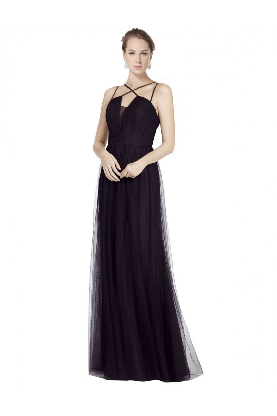 Noir Trapèze Bretelles spaghetti Col Haut Tulle Longue Robes demoiselle d'honneur à Bas Prix