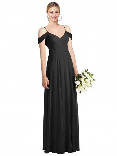Noir Trapèze Bretelles spaghetti Mousseline Longue Robes demoiselle d'honneur à Bas Prix