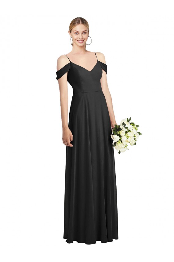 Noir Trapèze Bretelles spaghetti Mousseline Longue Robes demoiselle d'honneur à Bas Prix