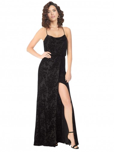 Noir Trapèze Bretelles spaghetti Velours Floral Velours Stretch Longue Robes demoiselle d'honneur à Bas Prix