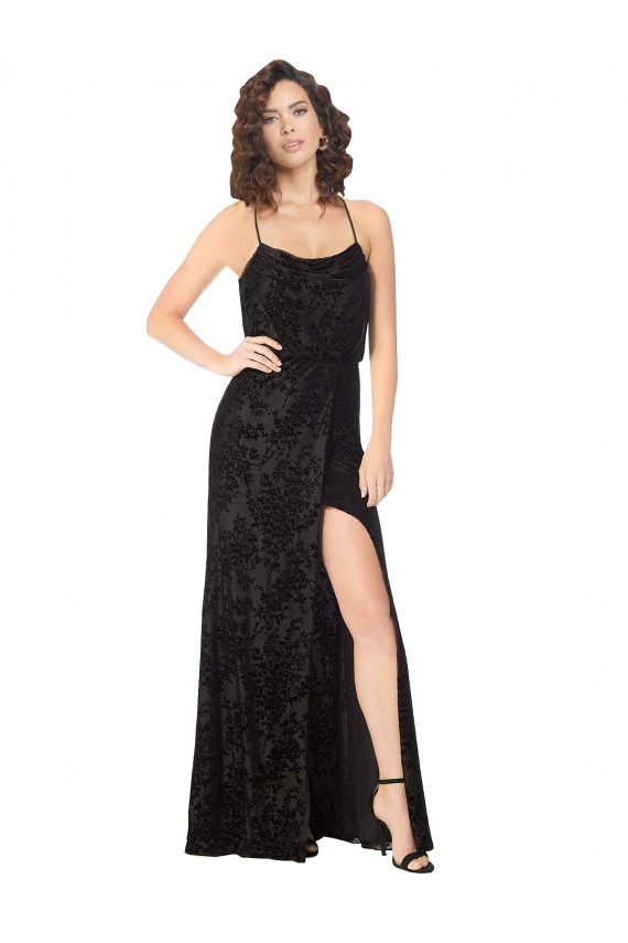 Noir Trapèze Bretelles spaghetti Velours Floral Velours Stretch Longue Robes demoiselle d'honneur à Bas Prix