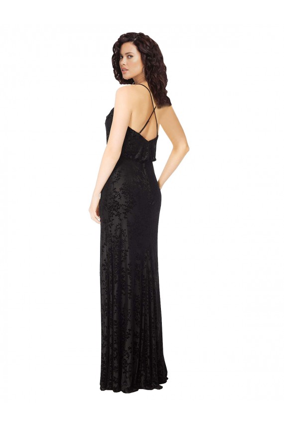 Noir Trapèze Bretelles spaghetti Velours Floral Velours Stretch Longue Robes demoiselle d'honneur à Bas Prix
