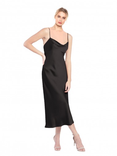 Noir Trapèze Bretelles spaghetti midi Satiné Stretch Courte Robes demoiselle d'honneur / Robes de soirée / Robes de cocktail à Bas Prix