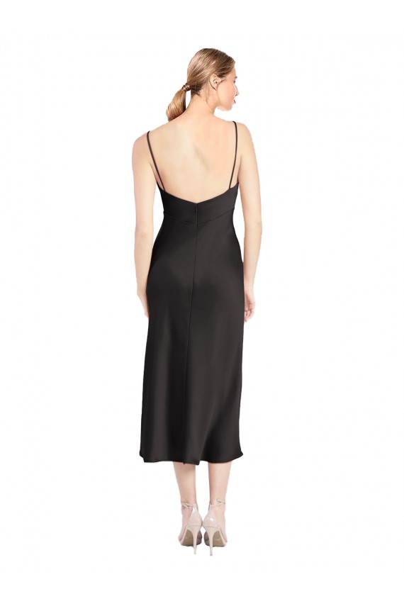 Noir Trapèze Bretelles spaghetti midi Satiné Stretch Courte Robes demoiselle d'honneur / Robes de soirée / Robes de cocktail à Bas Prix