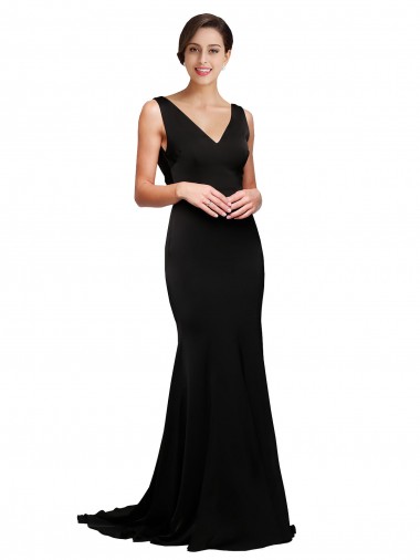 Noir Trapèze Col V Balayage train Satiné Soyeux Longue Formelles Robes demoiselle d'honneur / Robes de soirée / Robes de bal à Bas Prix
