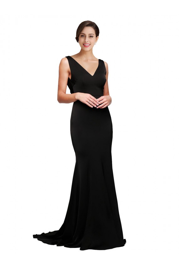 Noir Trapèze Col V Balayage train Satiné Soyeux Longue Formelles Robes demoiselle d'honneur / Robes de soirée / Robes de bal à Bas Prix