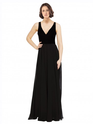 Noir Trapèze Col V Mousseline Velours Longue Robes demoiselle d'honneur / Robes de bal à Bas Prix
