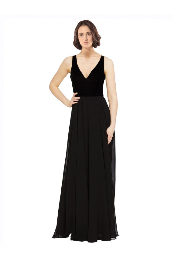 Noir Trapèze Col V Mousseline Velours Longue Robes demoiselle d'honneur / Robes de bal à Bas Prix