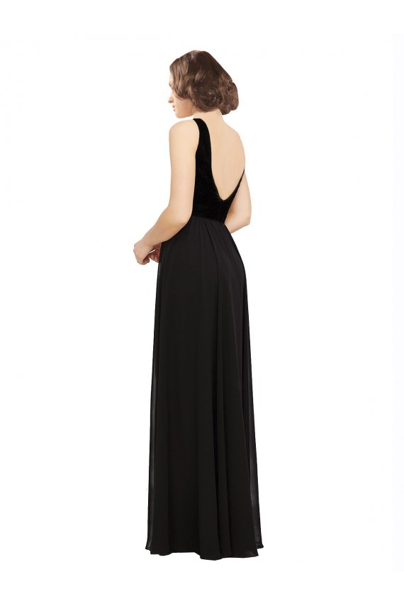 Noir Trapèze Col V Mousseline Velours Longue Robes demoiselle d'honneur / Robes de bal à Bas Prix