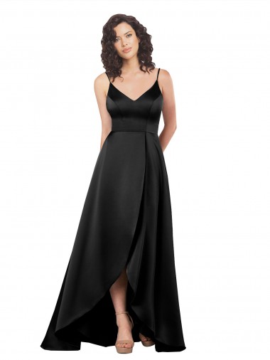 Noir Trapèze Col V Satiné Soyeux Longue Asymétrique Formelles Robes demoiselle d'honneur / Robes de soirée / Robes de bal à Bas Prix