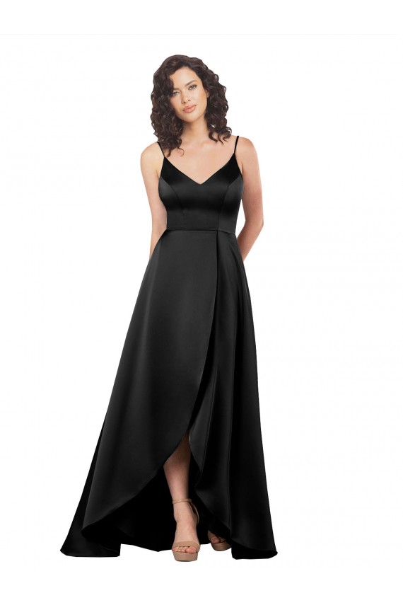 Noir Trapèze Col V Satiné Soyeux Longue Asymétrique Formelles Robes demoiselle d'honneur / Robes de soirée / Robes de bal à Bas Prix