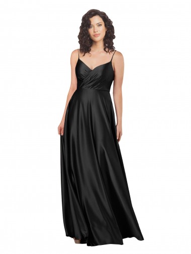 Noir Trapèze Col V Satiné Soyeux Longue Formelles Robes demoiselle d'honneur / Robes de soirée / Robes de bal à Bas Prix