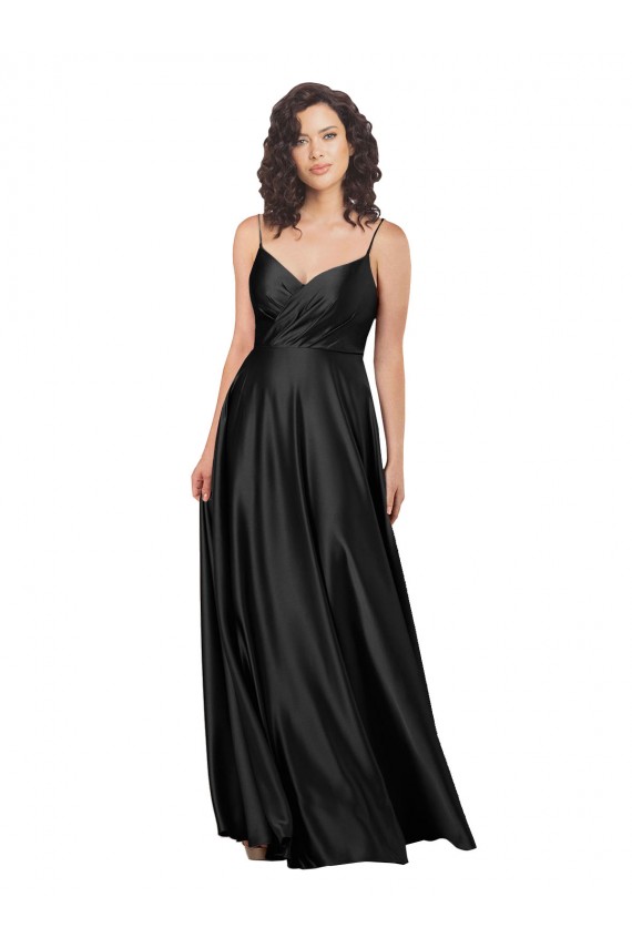 Noir Trapèze Col V Satiné Soyeux Longue Formelles Robes demoiselle d'honneur / Robes de soirée / Robes de bal à Bas Prix