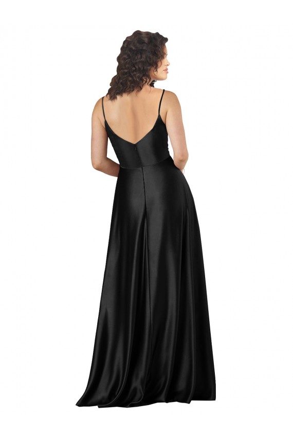 Noir Trapèze Col V Satiné Soyeux Longue Formelles Robes demoiselle d'honneur / Robes de soirée / Robes de bal à Bas Prix