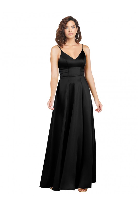 Noir Trapèze Col V Satiné Soyeux Longue Formelles Robes demoiselle d'honneur / Robes de soirée / Robes de bal à Bas Prix