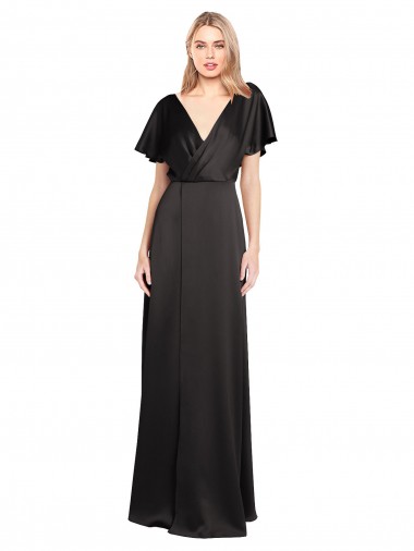 Noir Trapèze Col V Satiné Stretch Longue Formelles Robes demoiselle d'honneur / Robes de soirée / Robes de bal à Bas Prix