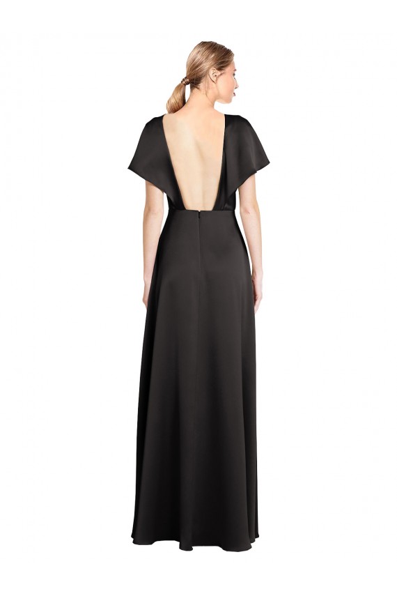 Noir Trapèze Col V Satiné Stretch Longue Formelles Robes demoiselle d'honneur / Robes de soirée / Robes de bal à Bas Prix