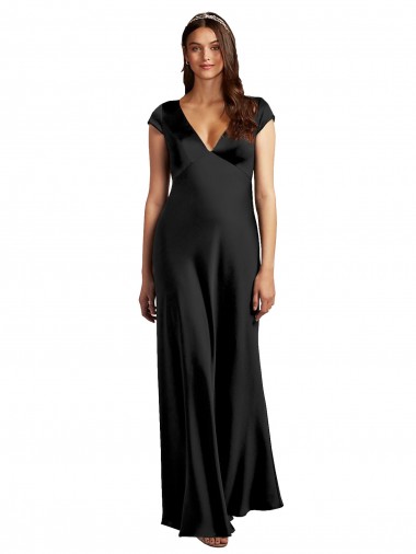 Noir Trapèze Col V Satiné Stretch Longue Formelles Robes demoiselle d'honneur / Robes de soirée / Robes de bal à Bas Prix