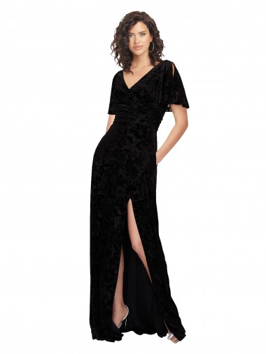 Noir Trapèze Col V Velours Floral Velours Stretch Longue Robes demoiselle d'honneur à Bas Prix