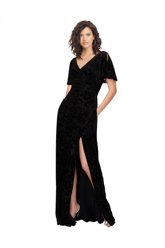 Noir Trapèze Col V Velours Floral Velours Stretch Longue Robes demoiselle d'honneur à Bas Prix