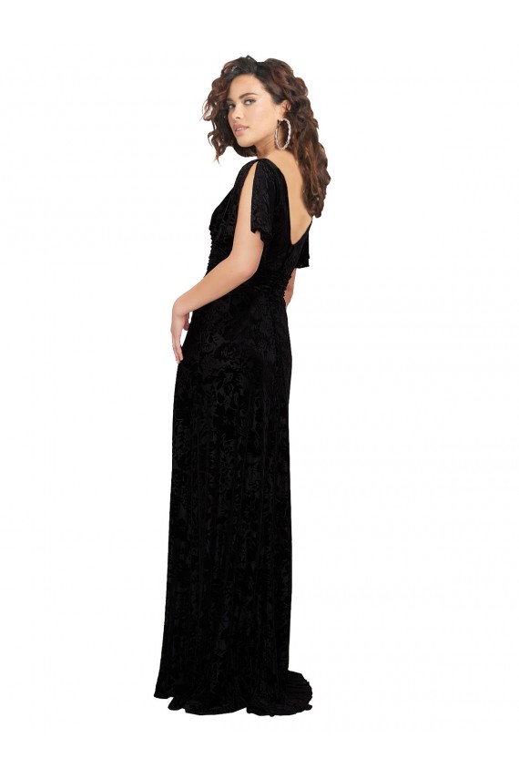Noir Trapèze Col V Velours Floral Velours Stretch Longue Robes demoiselle d'honneur à Bas Prix