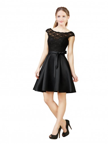 Noir Trapèze Illusion Satiné Dentelle Courte Robes demoiselle d'honneur / Robes de cocktail à Bas Prix