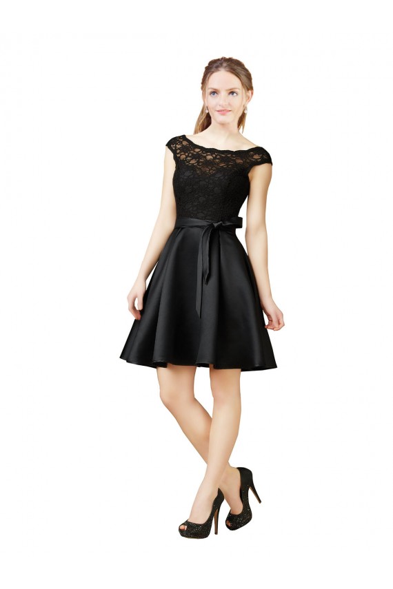 Noir Trapèze Illusion Satiné Dentelle Courte Robes demoiselle d'honneur / Robes de cocktail à Bas Prix