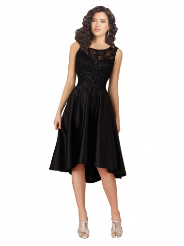 Noir Trapèze Illusion midi Satiné Dentelle Courte Asymétrique Robes demoiselle d'honneur / Robes de cocktail à Bas Prix