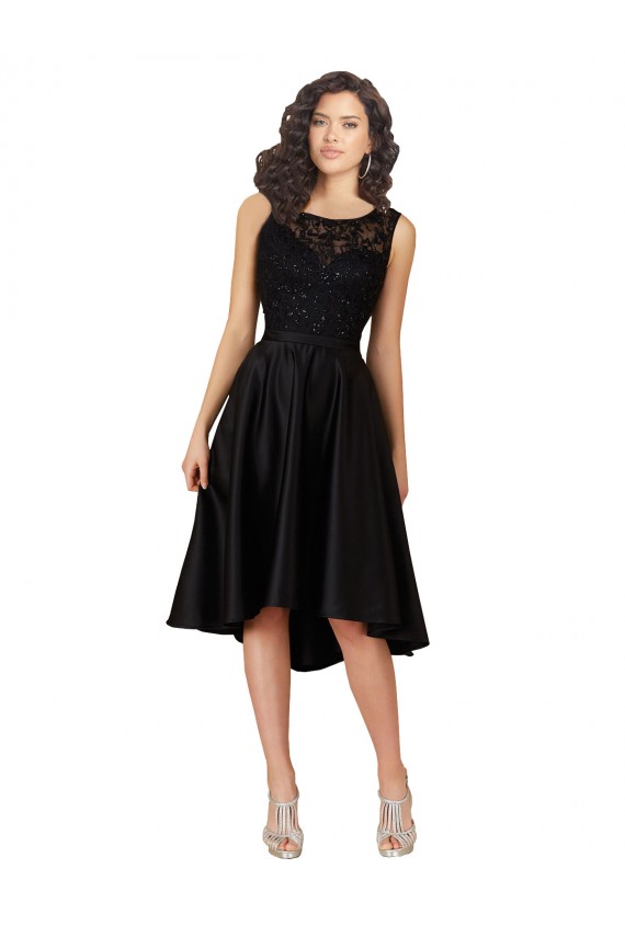 Noir Trapèze Illusion midi Satiné Dentelle Courte Asymétrique Robes demoiselle d'honneur / Robes de cocktail à Bas Prix