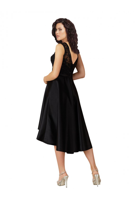 Noir Trapèze Illusion midi Satiné Dentelle Courte Asymétrique Robes demoiselle d'honneur / Robes de cocktail à Bas Prix